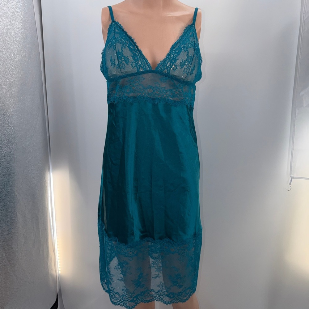 La Senza Medium Teal Satin Babydoll Slip Y2K‎ 90s Romantic Coquette Boudoir Vamp